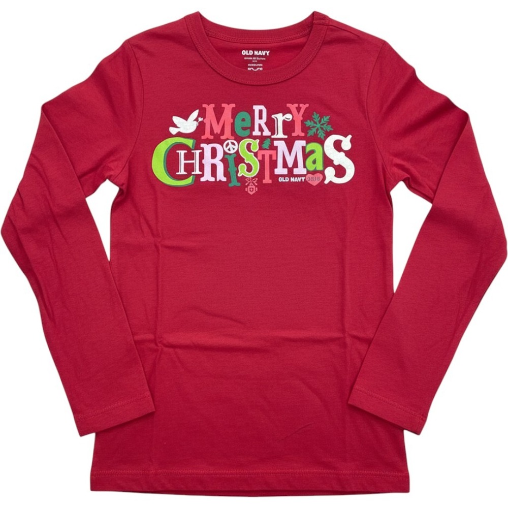 Old Navy Girls Red Merry Christmas 2010 Graphic Long Sleeve Tee Shirt Medium 8